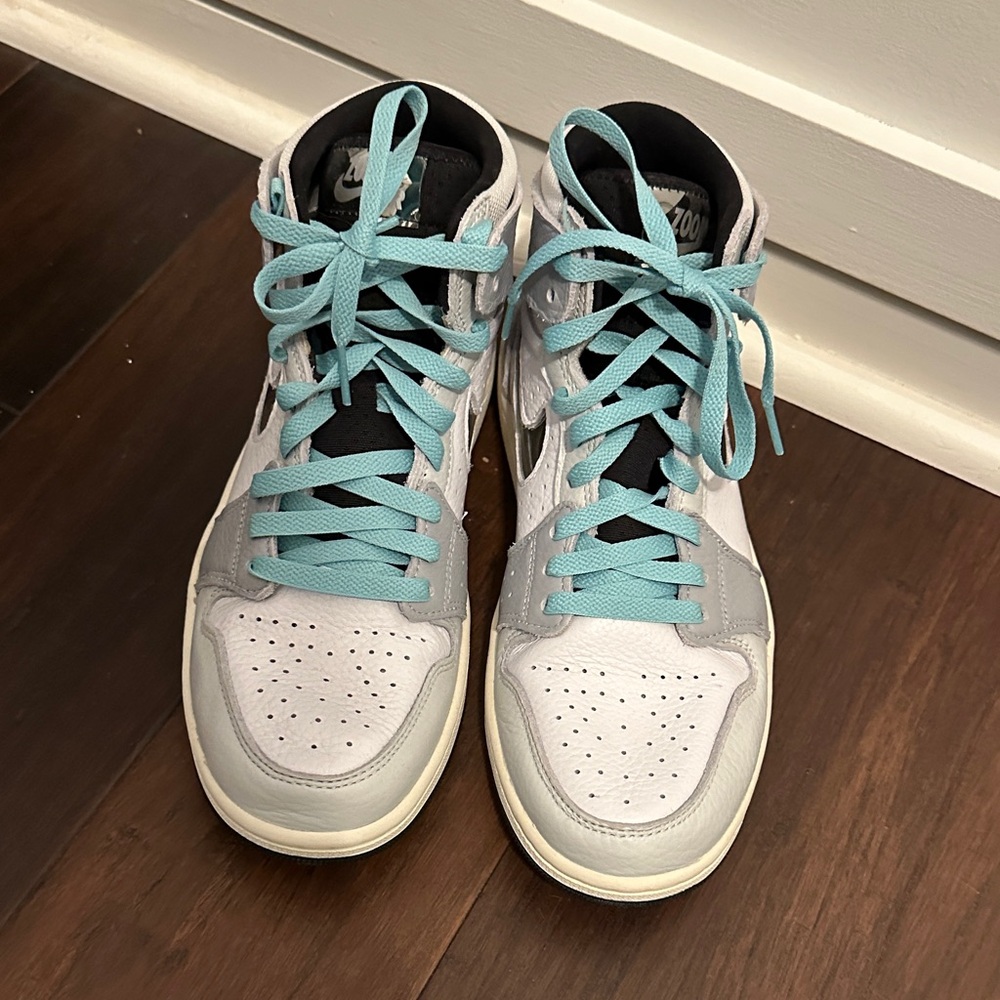 Nike Jordans High-Tops with Teal Laces and Gray Accents